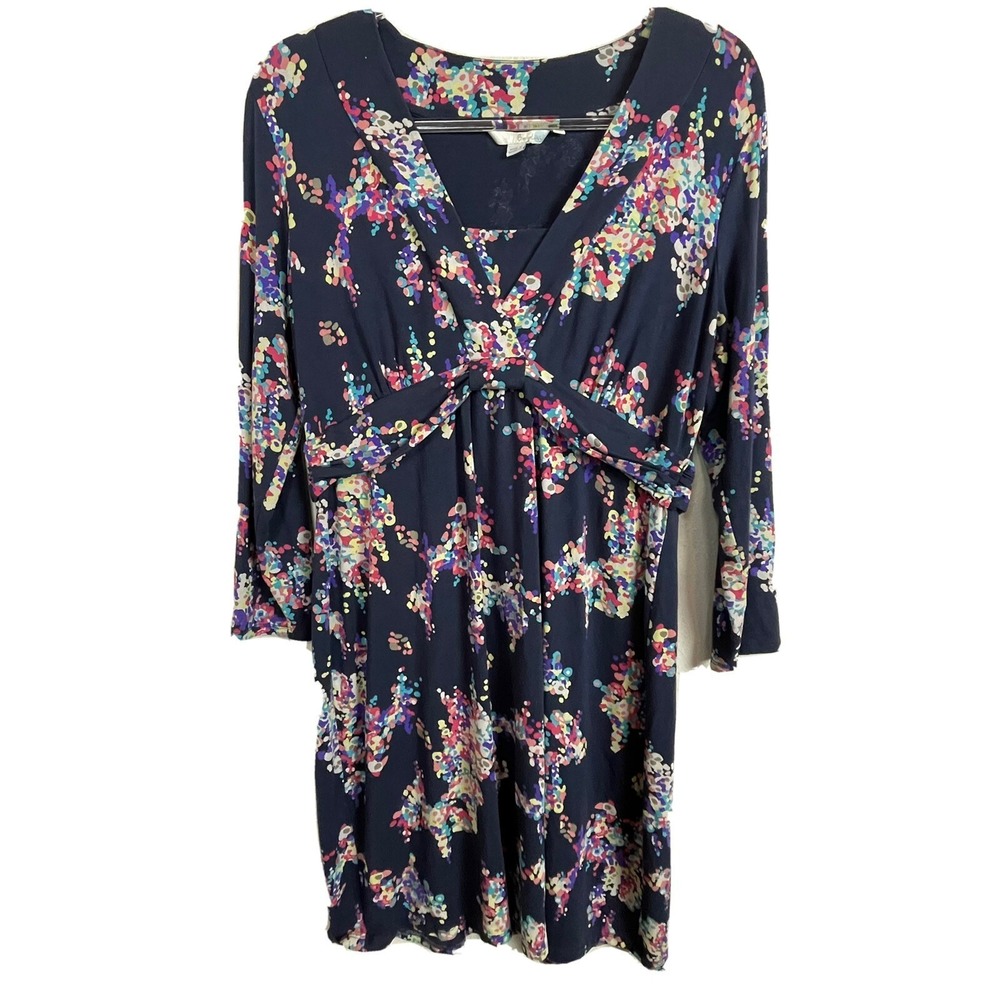Boden Jersey Dress Women 12 Navy Multicolor Dark Fairy Empire Waist V-Neck WL739